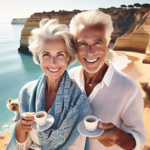 Rentner genießen Kaffee am Strand in Portugal mit Hund im Hintergrund.