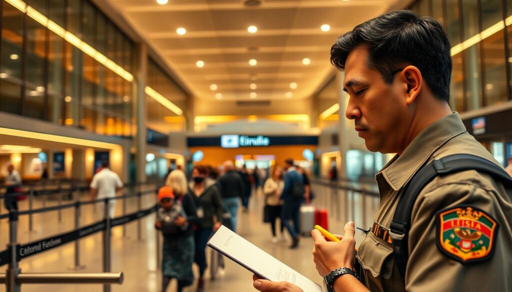 A bustling scene of airport security at the border of the United States, with a traveler passing through customs. The foreground features a uniformed officer examining a passport, their face conveying a stern yet professional demeanor. In the middle ground, a line of passengers waits patiently, their luggage and carry-on items visible. The background showcases the grand architecture of the entry hall, with high ceilings, glass walls, and a sense of modern functionality. Warm, indirect lighting casts a soft glow, evoking a sense of both efficiency and anticipation. The overall atmosphere is one of careful scrutiny and the beginning of a new journey, reflecting the challenges and excitement of entering the United States.