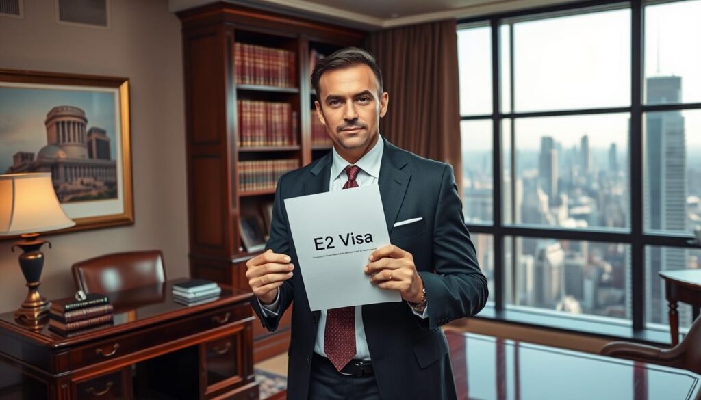 A sophisticated businessman standing in a well-appointed office, surrounded by symbols of prosperity and power. A polished mahogany desk, a towering bookshelf filled with leather-bound volumes, and a large window offering a panoramic view of a bustling city skyline. The man, dressed in a tailored suit and tie, holds a document labeled "E-2 Visa" in his hands, his expression one of determined focus. Soft, warm lighting illuminates the scene, casting a sense of confidence and authority. The atmosphere conveys the gravitas and significance of the E-2 investor visa, a pathway for foreign entrepreneurs to establish and operate a U.S. business.