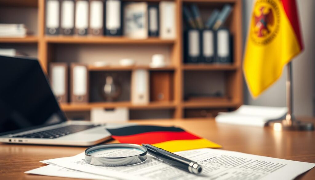 An official-looking office desk with a laptop, paperwork, and a German flag, all illuminated by warm, diffused lighting. In the foreground, a magnifying glass and a pen rest atop the documents, suggesting a focus on details and compliance. The background features shelves with binders and a bookshelf, conveying a sense of professionalism and organization. The overall mood is one of diligence and attention to regulatory requirements, reflecting the "Registrierungen, Sicherheit und Pflichten: Compliance von Anfang an" theme. An official-looking office desk with a laptop, paperwork, and a German flag, all illuminated by warm, diffused lighting. In the foreground, a magnifying glass and a pen rest atop the documents, suggesting a focus on details and compliance. The background features shelves with binders and a bookshelf, conveying a sense of professionalism and organization. The overall mood is one of diligence and attention to regulatory requirements, reflecting the "Registrierungen, Sicherheit und Pflichten: Compliance von Anfang an" theme.