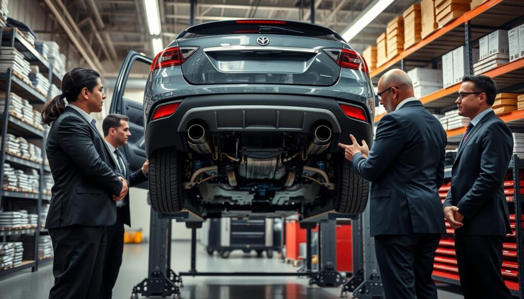 A detailed scene depicting necessary vehicle modifications for US road certification. In the foreground, a diverse team of professionals in business attire inspects a modified vehicle, highlighting changes like a new exhaust system, safety-approved headlights, and proper emissions controls. The middle layer features the vehicle on a workshop lift, showcasing undercarriage adjustments and reinforced bumpers. In the background, shelves filled with certification documents and modification tools suggest a busy automotive workshop atmosphere. The lighting is bright and industrial, emphasizing the technical details, with an angled perspective that conveys depth and focus. The mood is diligent and professional, reflecting the careful preparations involved in vehicle compliance for US regulations. A detailed scene depicting necessary vehicle modifications for US road certification. In the foreground, a diverse team of professionals in business attire inspects a modified vehicle, highlighting changes like a new exhaust system, safety-approved headlights, and proper emissions controls. The middle layer features the vehicle on a workshop lift, showcasing undercarriage adjustments and reinforced bumpers. In the background, shelves filled with certification documents and modification tools suggest a busy automotive workshop atmosphere. The lighting is bright and industrial, emphasizing the technical details, with an angled perspective that conveys depth and focus. The mood is diligent and professional, reflecting the careful preparations involved in vehicle compliance for US regulations.