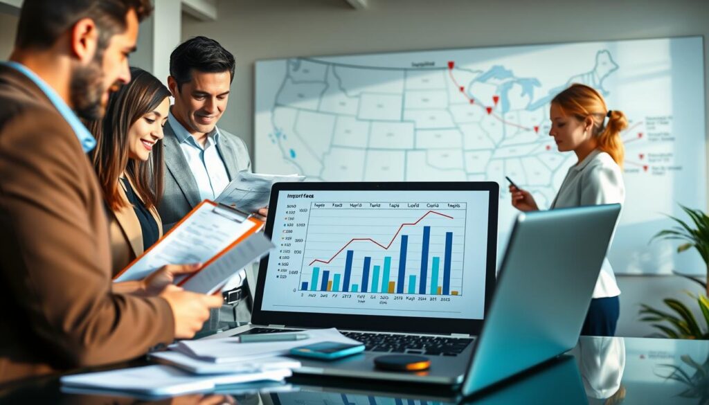 A detailed scene illustrating the costs involved in importing a car to the USA. In the foreground, a diverse group of professionals in business attire, including a man and a woman, are discussing paperwork with a clipboard and charts related to auto import fees. In the middle ground, an open laptop shows an informative graph about various expenses, alongside items like a calculator and import documents. The background features a large map of the USA with marked locations and transportation routes. Soft, natural lighting bathes the scene, creating a professional atmosphere. Use a wide-angle lens perspective to capture the entire scenario, enhancing the feeling of collaboration and analysis in the auto import process. A detailed scene illustrating the costs involved in importing a car to the USA. In the foreground, a diverse group of professionals in business attire, including a man and a woman, are discussing paperwork with a clipboard and charts related to auto import fees. In the middle ground, an open laptop shows an informative graph about various expenses, alongside items like a calculator and import documents. The background features a large map of the USA with marked locations and transportation routes. Soft, natural lighting bathes the scene, creating a professional atmosphere. Use a wide-angle lens perspective to capture the entire scenario, enhancing the feeling of collaboration and analysis in the auto import process.