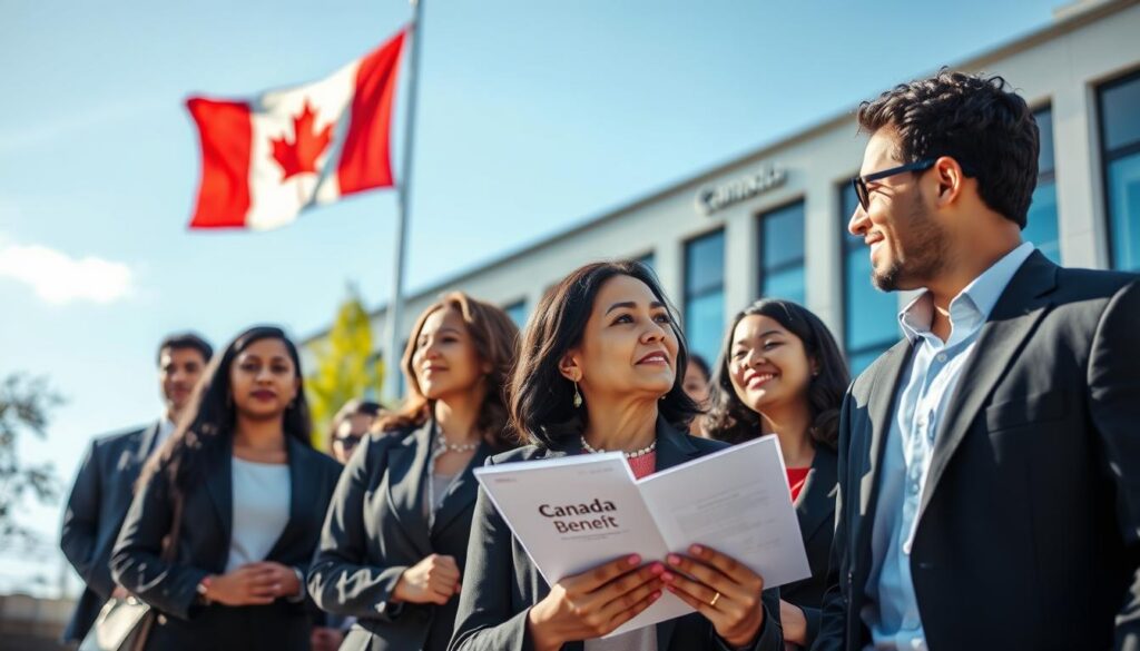 A diverse group of individuals representing recent immigrants to Canada, dressed in professional business attire, standing in front of an official-looking government building. In the foreground, a middle-aged woman with an immigrant background is holding a document titled “Canada Child Benefit” while engaging in conversation with a younger man. In the background, the Canadian flag is subtly visible, and a blue sky enhances the atmosphere of optimism and opportunity. The lighting is bright and natural, conveying a sense of hope and clarity. The scene captures the essence of immigration status and its impact on the Canada Child Benefit, emphasizing community and support. The overall mood is one of professionalism, positivity, and shared purpose.