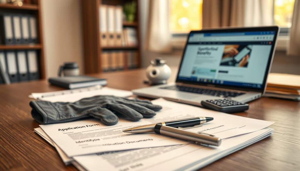 A neatly arranged desk scene showcasing essential documents for a Canada Child Benefit application. In the foreground, a stack of organized papers with headings such as "Application Form" and "Identification Documents". A pair of professional business attire gloves rests beside a pen and a calculator, symbolizing careful preparation. In the middle ground, a laptop displays a webpage related to government benefits. The background features softly blurred office elements like a bookshelf with files and a window letting in warm, diffused natural light, creating an inviting atmosphere. The overall mood is one of professionalism and focus, encouraging a sense of organization and clarity in the application process. The composition should be sharp and well-lit, with a slight depth of field to draw attention to the documents.