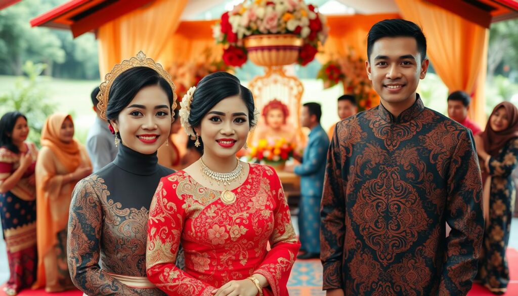 A vibrant traditional Indonesian wedding scene, showcasing a couple in elegant, intricately designed wedding attire with rich colors and detailed patterns. The foreground features the bride wearing a stunning kebaya, adorned with delicate gold jewelry, while the groom stands proudly in a traditional batik outfit. In the middle, a festive atmosphere, with guests dressed in modest and colorful attire, celebrating around beautifully decorated floral arrangements and ceremonial displays. The background highlights a picturesque outdoor setting, perhaps a lush garden or a decorated pavilion, with warm, natural lighting creating a joyful and inviting mood. Capture this moment from a slightly elevated angle to emphasize the cultural richness and emotional resonance of the ceremony.