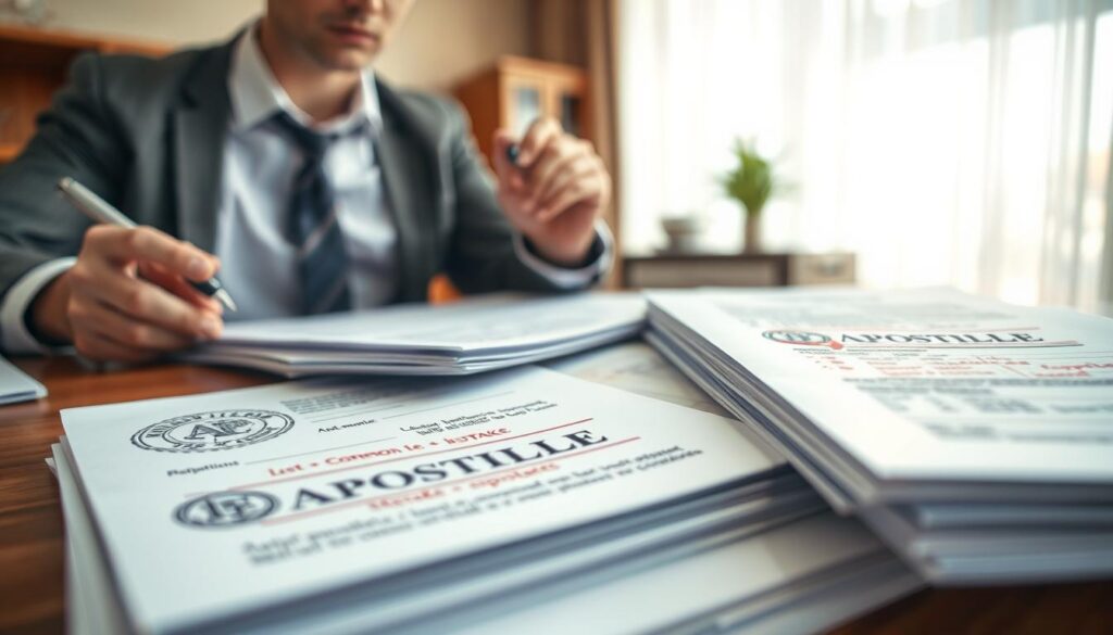 A close-up of a person sitting at a desk, reviewing a stack of documents, focused on a particular page with an official-looking stamp that reads "Apostille." In the foreground, the person, dressed in a professional business attire, appears concerned while taking notes with a pen. The middle layer features the documents spread out, displaying various common mistakes highlighted or circled in red ink. The background shows a warm, inviting office environment, with soft natural light filtering through a nearby window, casting gentle shadows. The overall mood is one of concentration and diligence, capturing the essence of careful document verification while avoiding errors associated with the apostille process.