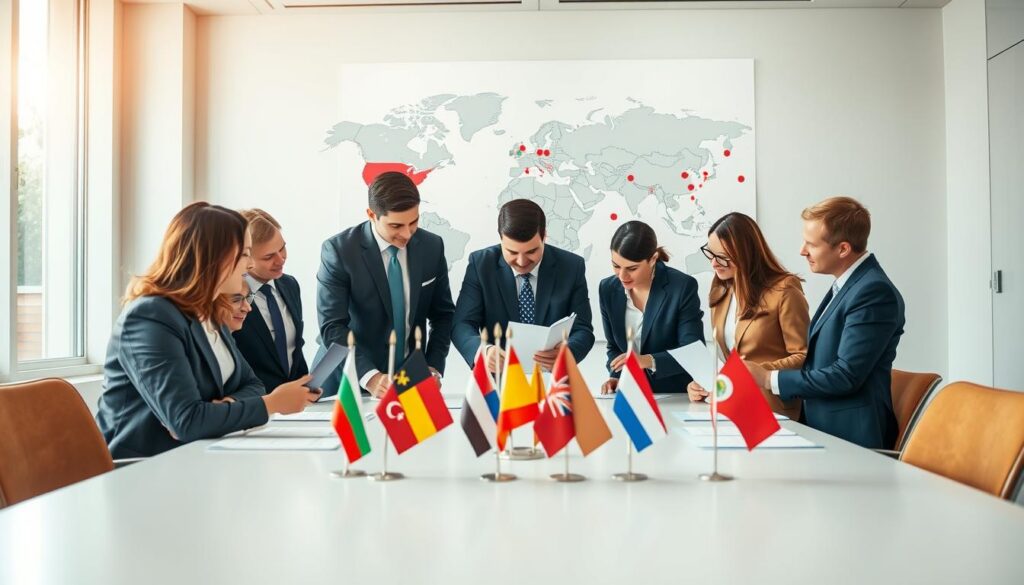 A professional setting where a diverse group of businesspeople, dressed in formal attire, are gathered around a large table in a bright, modern conference room. They are discussing documents related to an Apostille, symbolizing international recognition. On the table, there are various colorful flags of different countries, indicating the nations that accept the Apostille. In the background, a large world map is displayed prominently on the wall, highlighting the countries that recognize the Apostille with marked points. Soft, natural light filters through large windows, casting a warm glow over the scene. The mood is collaborative and focused, showcasing the importance of international legal documentation in a globalized world. The camera angle is slightly elevated, providing an overview of the interaction while keeping the documents in clear view.
